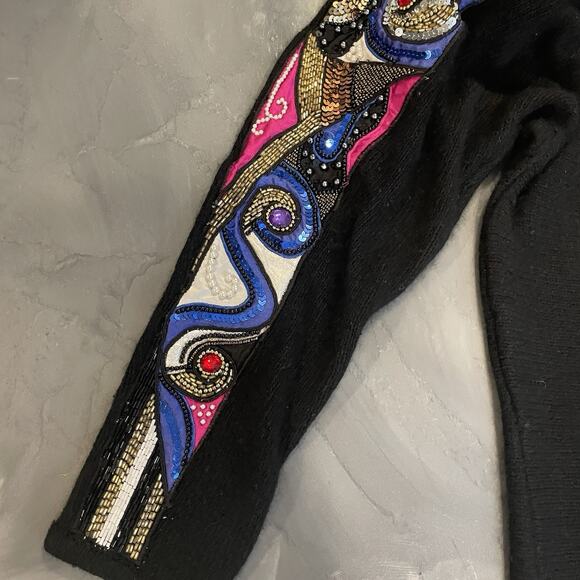 Vintage IB Diffusion Sweater Sequin Silk Angora Women Size S Black Beaded Long - Picture 2 of 8